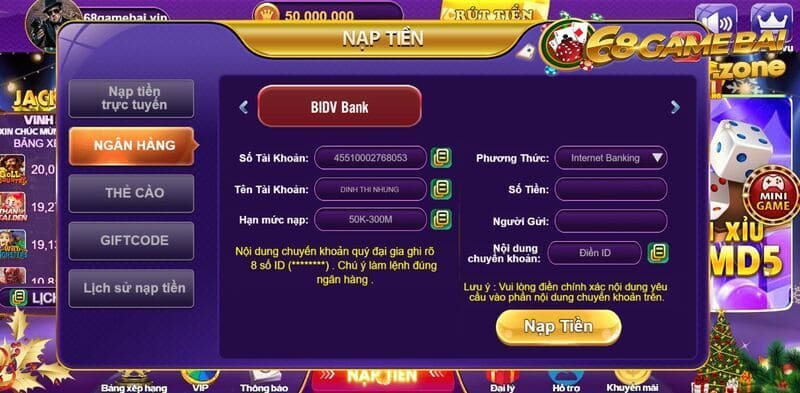 Thao tác nạp tiền 68 game bài cực dễ dàng, đơn giản